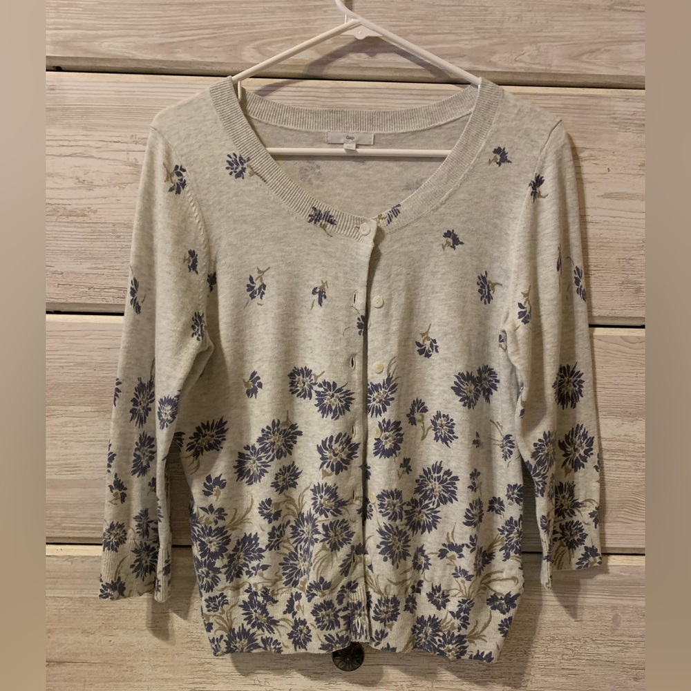 GAP Short Cardigan; Grey with Blue Flowers